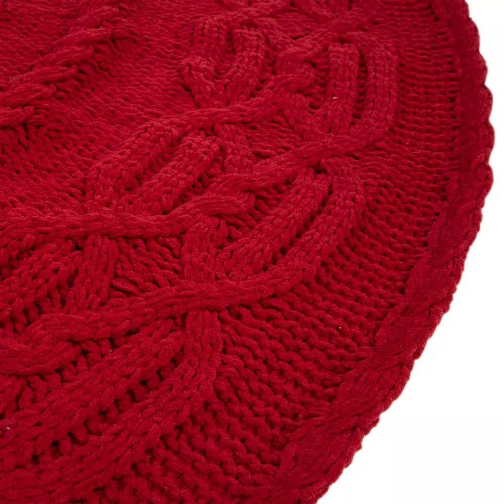 Glitzhome 52 in. Red Knitted Chenille Polyester Christmas Tree Skirt