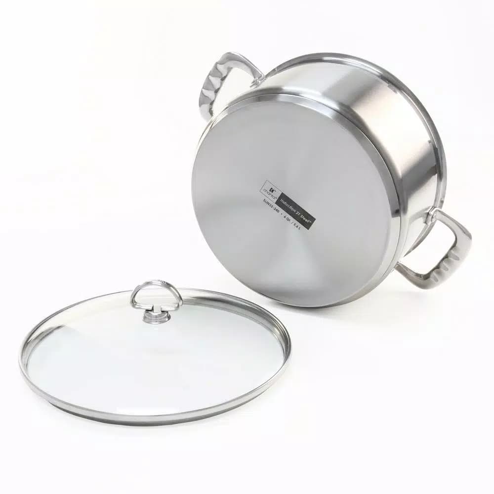Chantal Induction 21 Steel 6 Qt. Round Stainless Steel Casserole Dish with Glass Lid, Brushed Stainless Steel