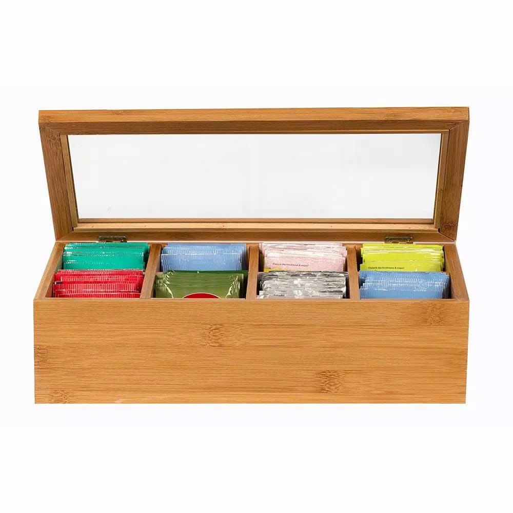 Unbranded Natural Bamboo Tea Storage Box with Transparent View Window, 120+ Tea Bag Capacity