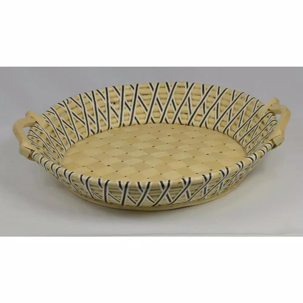 Unbranded Criss Cross Black and Unfinished Round Rattan Serving Tray with Poplar Handles