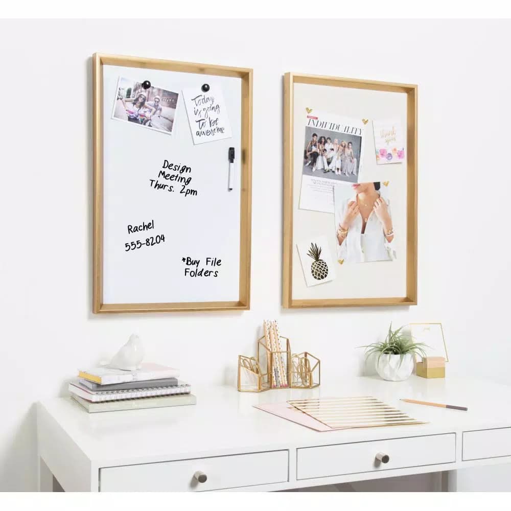 DesignOvation Kate and Laurel Calder Modern Framed Magnetic Dry Erase Board, Gold