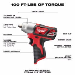 Milwaukee M12 12V Lithium-Ion Cordless 3/8 in. Impact Wrench (Tool-Only) thumbnail 2