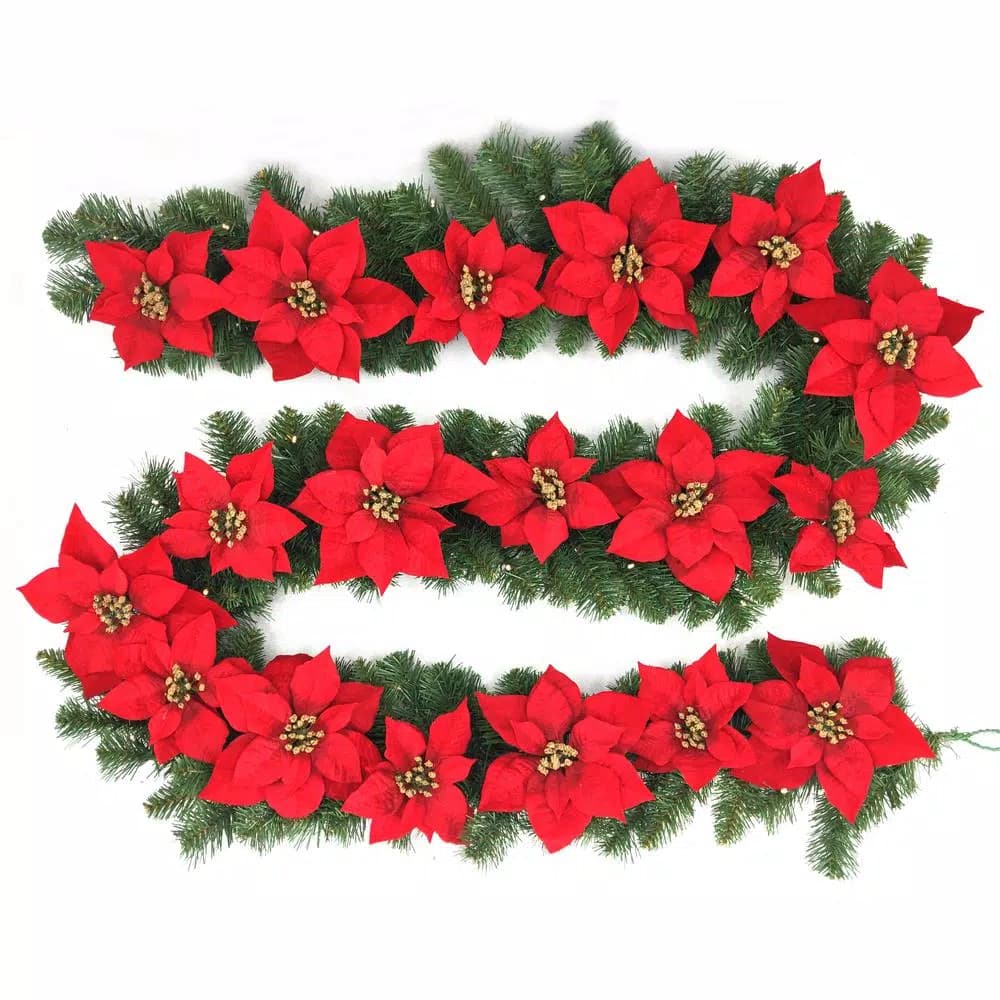 Home Accents Holiday 9 ft. Berry Bliss Pre-Lit LED Artificial Christmas Garland with Red Poinsettias