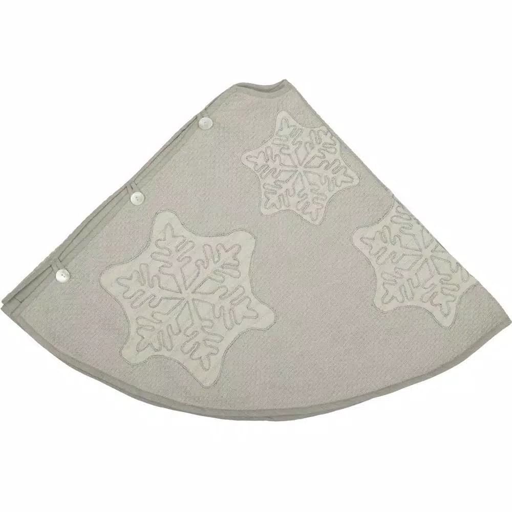 VHC Brands Ingrid 48 in. Ash Grey Farmhouse Christmas Tree Skirt with Appliqued Snowflakes