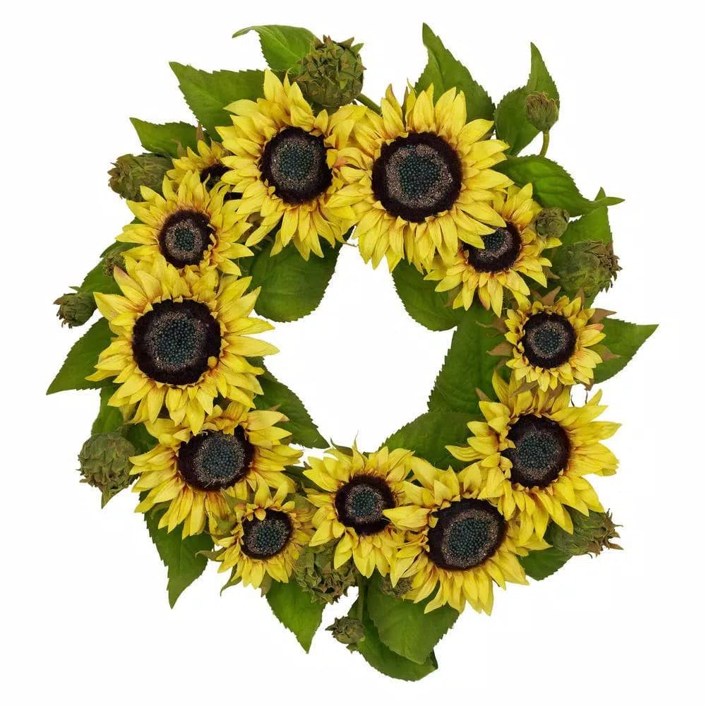 Nearly Natural 22 in. Yellow Sunflower Wreath with Greenery - Farmhouse Style Round Floral Wreath