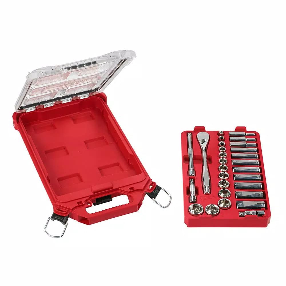 Milwaukee 3/8 in. Drive SAE Ratchet and Socket Set with PACKOUT Compact Organizer, 28-Piece