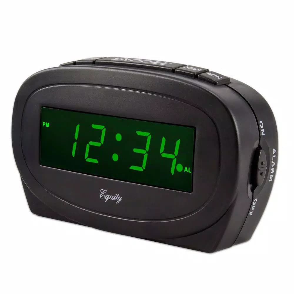 Equity by La Crosse Digital 0.60 in. Green LED Electric Alarm Table Clock with Snooze - Black