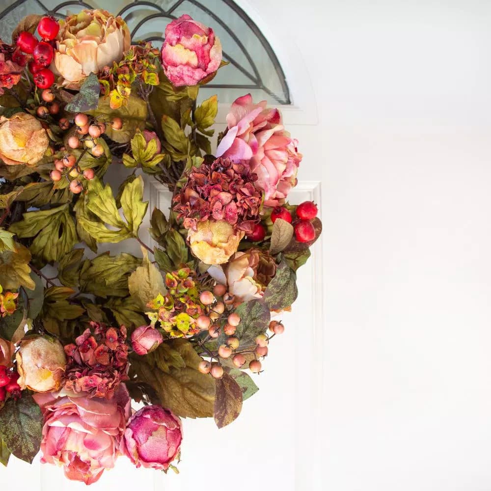 Nearly Natural 24 in. Red Peony Hydrangea Wreath with Berries and Greenery