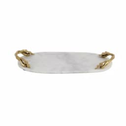 LITTON LANE 20 in. White Marble Oval Decorative Tray with Gold Leaf and Vine Aluminum Handles thumbnail 2