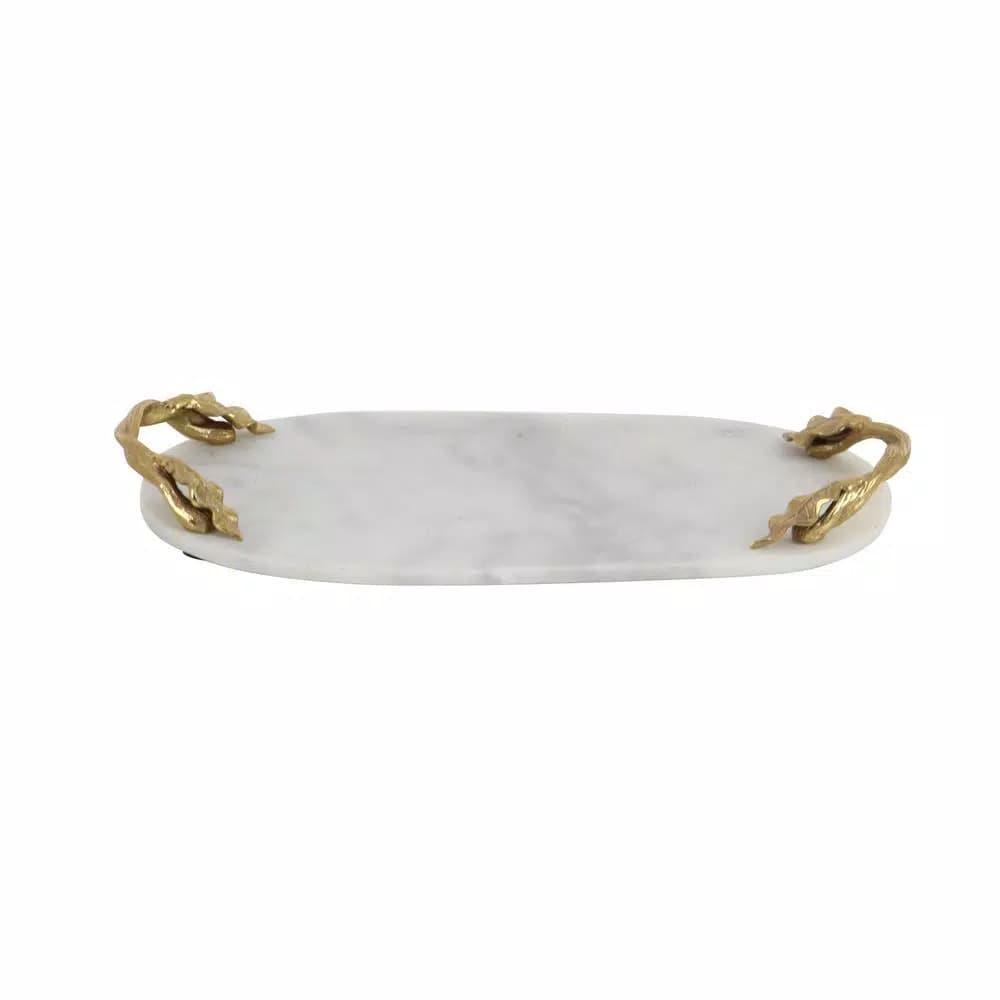 LITTON LANE 20 in. White Marble Oval Decorative Tray with Gold Leaf and Vine Aluminum Handles