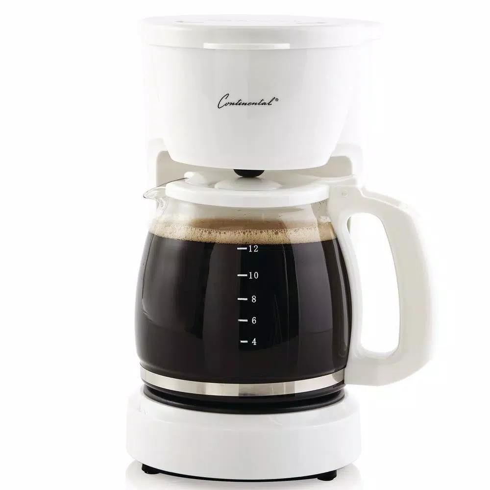 Continental 12-Cup Drip Coffee Maker with Permanent Filter and Pause-and-Serve Function, White
