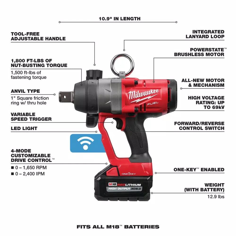 Milwaukee M18 FUEL 1 in. High Torque Impact Wrench Kit with ONE-KEY, Two 8.0 Ah Batteries & Charger