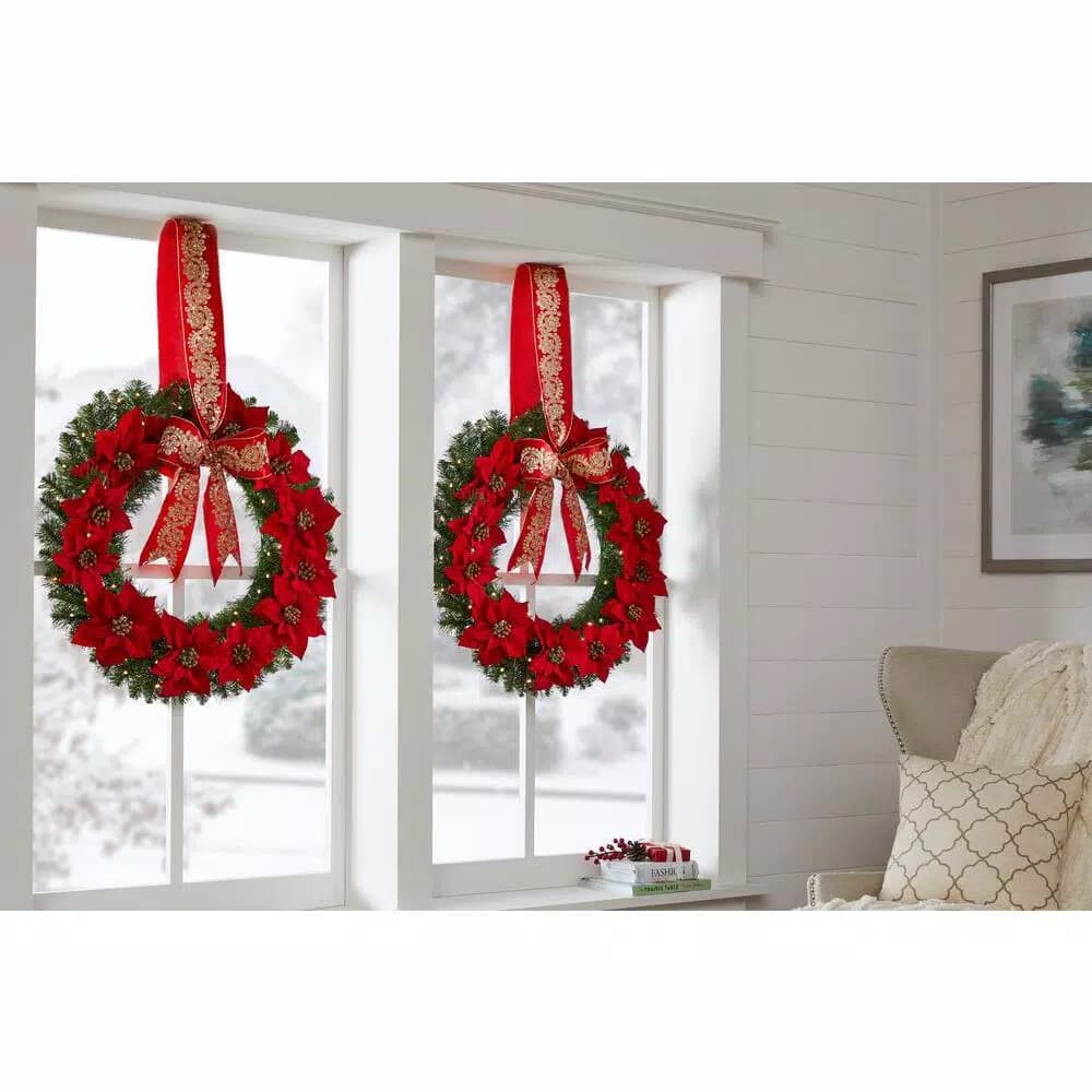 Home Accents Holiday 30 in. Berry Bliss Pre-Lit LED Artificial Christmas Wreath with Red Poinsettias