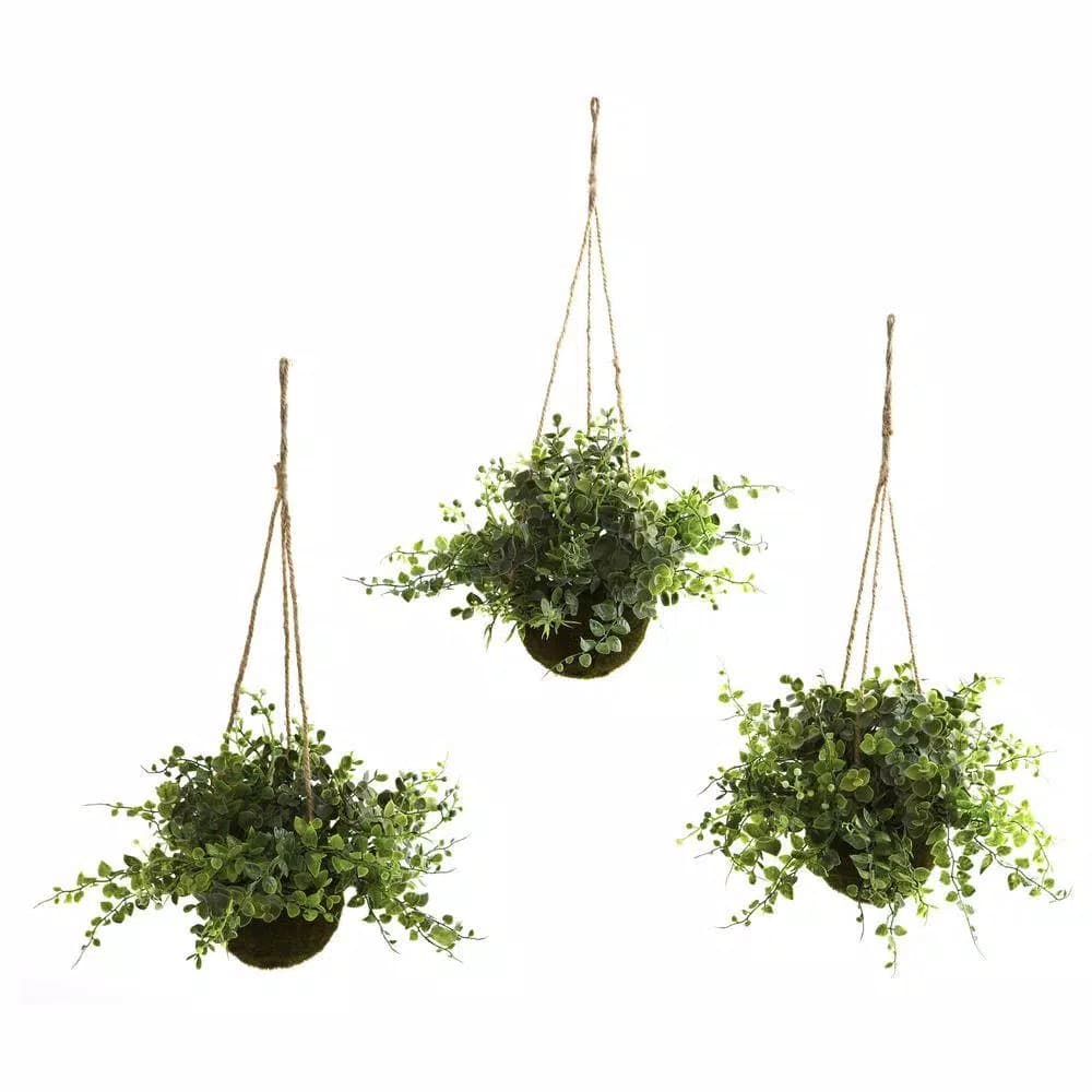 Nearly Natural Eucalyptus, Maidenhair, and Berry Faux Hanging Plant Set of 3 with Wicker Baskets