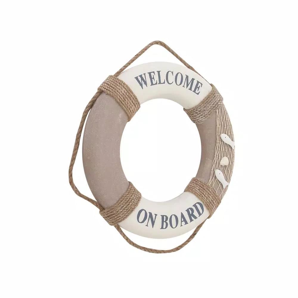 LITTON LANE 16 in. Coastal Living Decorative Life Ring Wall Decor - White & Brown Nautical Lifebuoy with Rope Hanger