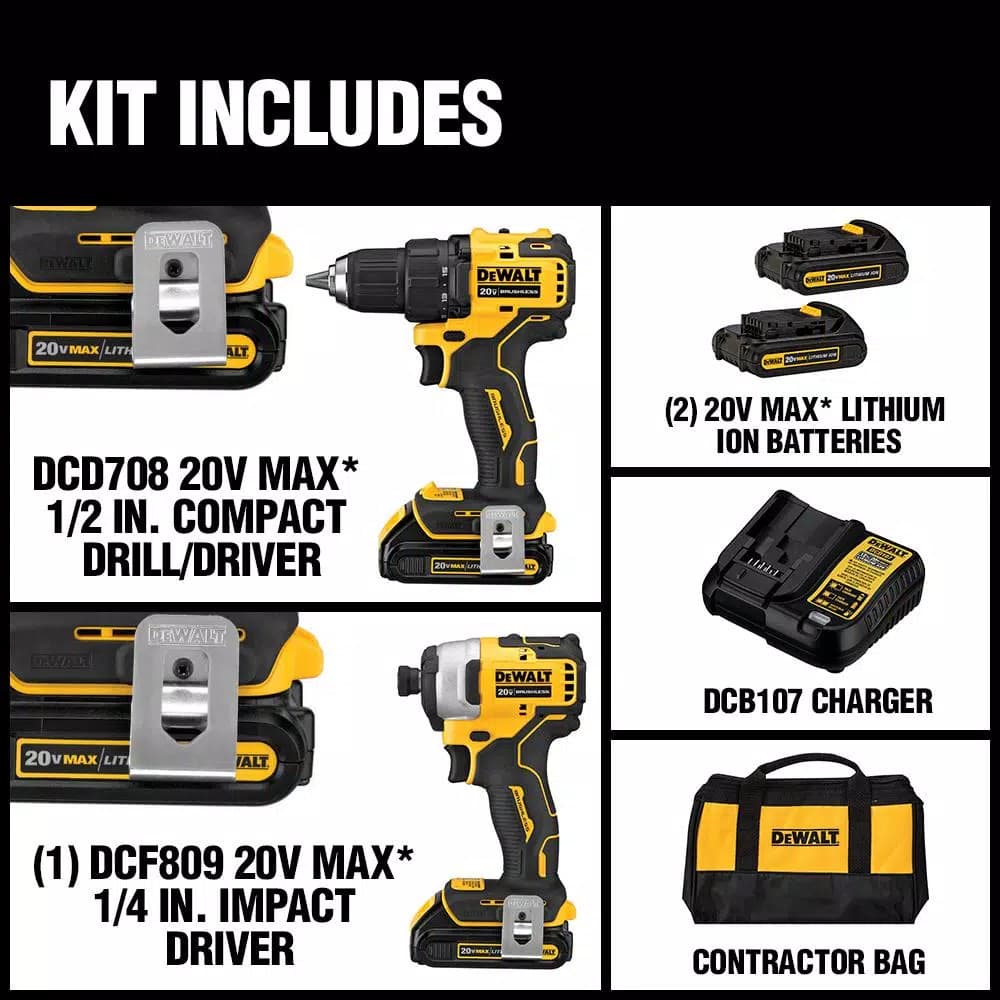 DEWALT ATOMIC 20V MAX Brushless Cordless 2-Tool Combo Kit with (2) 1.3Ah Batteries, Charger & Bag
