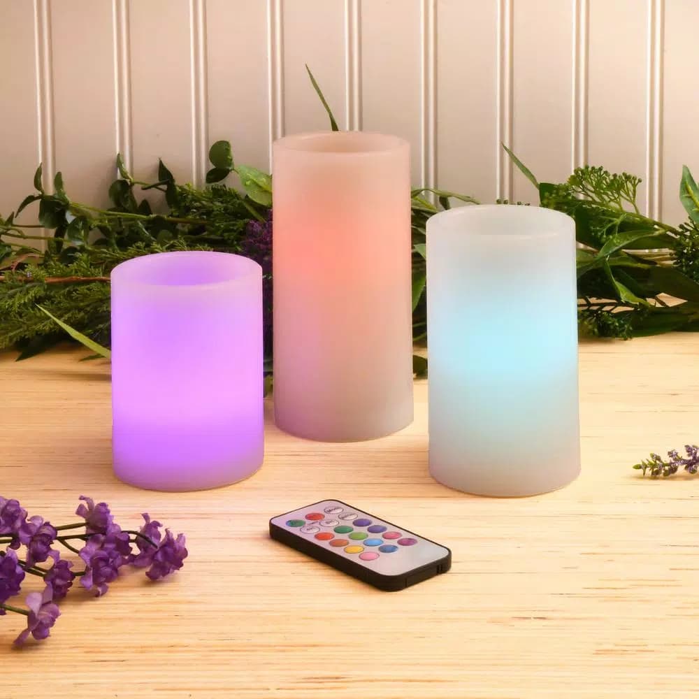 LUMABASE 3-Piece Round Flameless LED Wax Candle Set with Remote Control, Color Changing Pillar Candles
