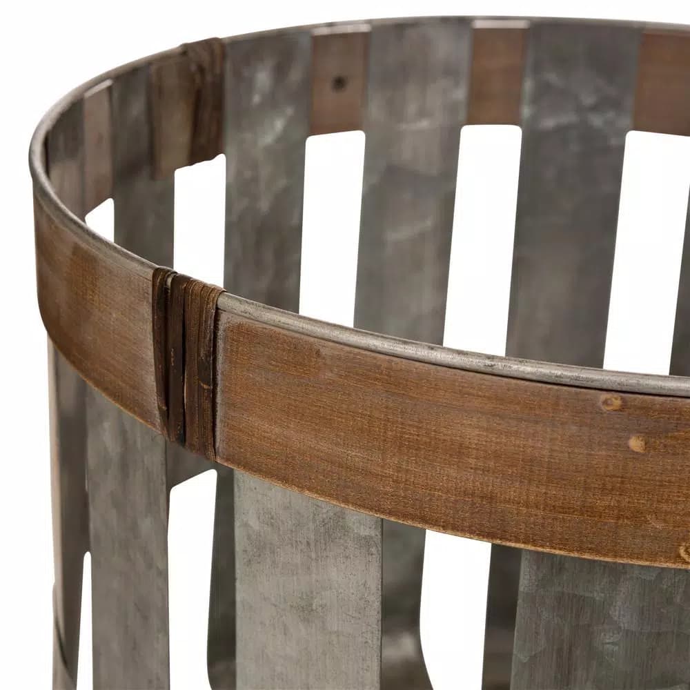 Glitzhome Farmhouse Slotted Galvanized Metal Storage Basket Set, Round with MDF Top (Set of 3)