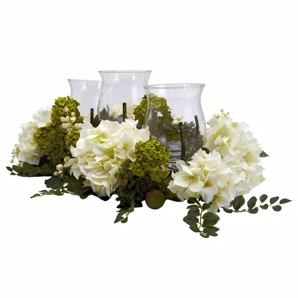 Nearly Natural 9.5 in. White Snowball Hydrangea Triple Candelabrum Decorative Floral Arrangement