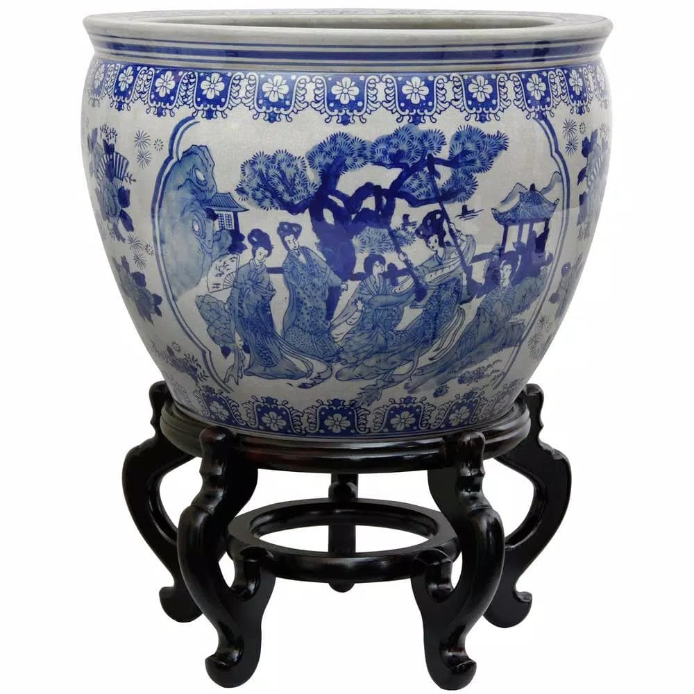 Oriental Furniture 16 in. Blue and White Porcelain Fishbowl Jardiniere