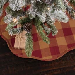 VHC Brands 21 in. Burgundy Check Red Primitive Christmas Tree Skirt with Scalloped Edge thumbnail 4