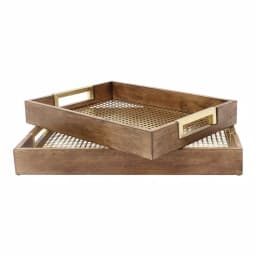 Kate and Laurel Hanneli Gold and Walnut Decorative Tray Set of 2 - Modern Glam Perforated Metal and Wood Trays thumbnail 1