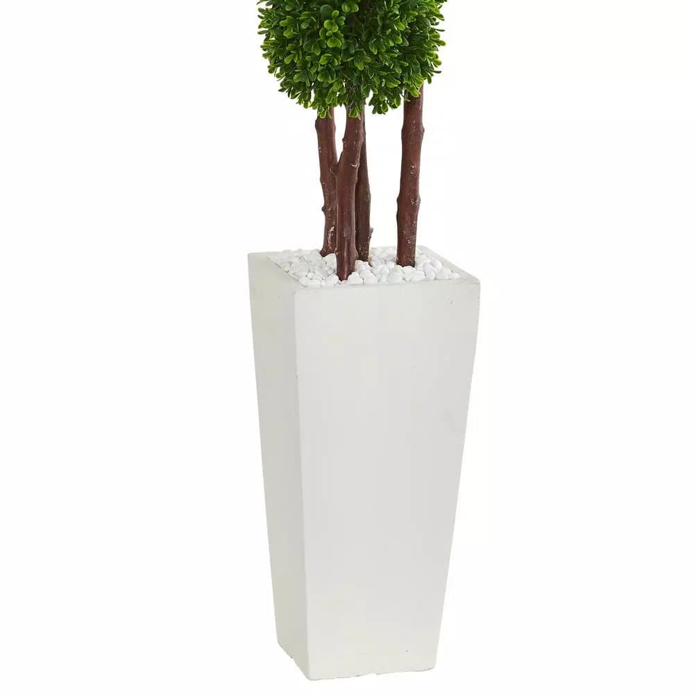 Nearly Natural 48 in. UV Resistant Artificial Boxwood Four Tier Topiary Tree in White Clay Planter