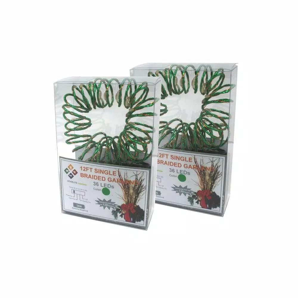 Starlite Creations 12 ft. Pre-Lit LED Green Single Braided Garland, Battery Operated (Bundle of 2)