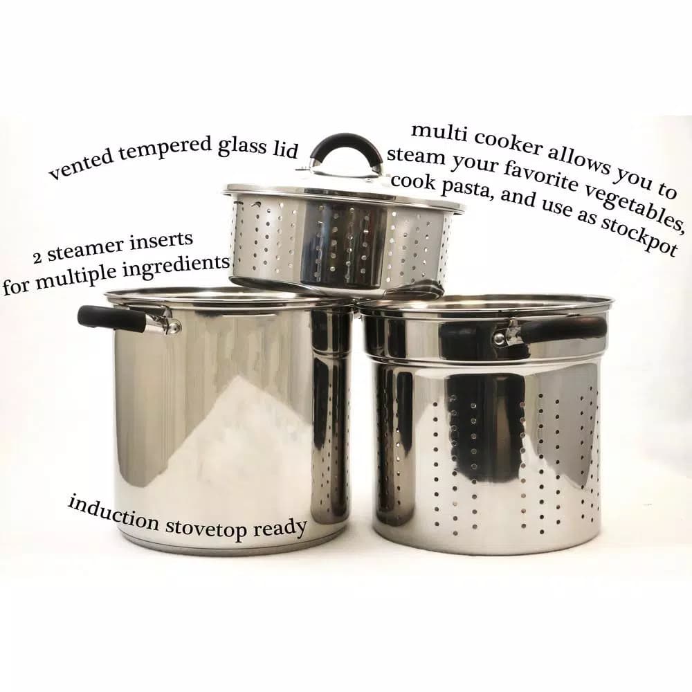 ExcelSteel 8 Qt. Stainless Steel Multi-Cooker Stock Pot Set with Steamer Insert and Silicone Handles