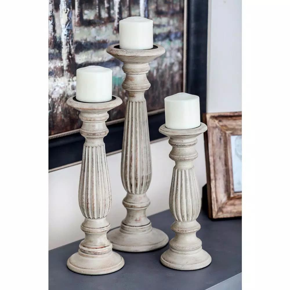 LITTON LANE Rustic Light Brown Carved Mango Wood Candle Holder Set of 3