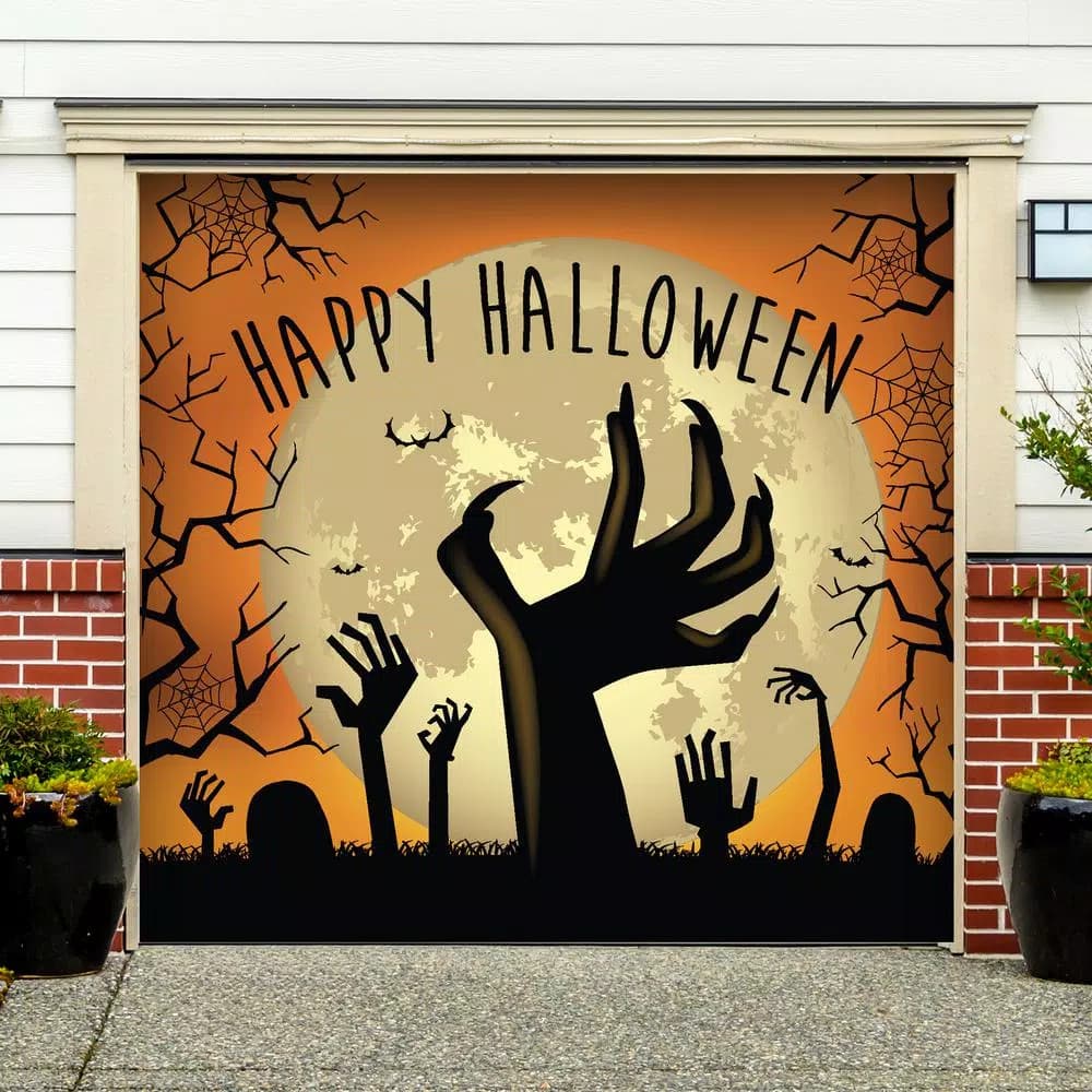 My Door Decor 7 ft. x 8 ft. Happy Halloween Graveyard Zombie Hands Garage Door Mural