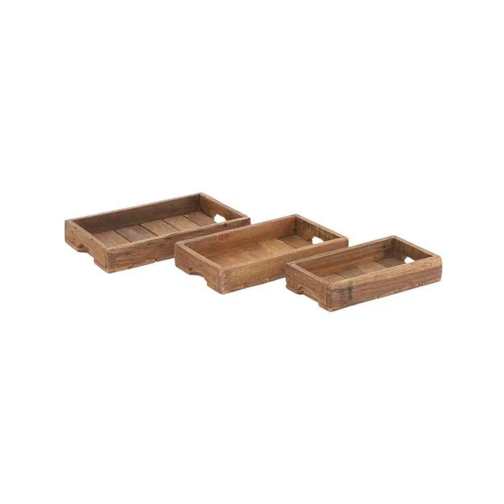 LITTON LANE Farmhouse Brown Decorative Wooden Slat Trays, Set of 3