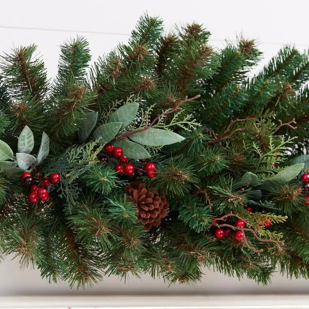 Home Accents Holiday Woodmoore 17 ft. Artificial Christmas Garland with Poinsettias, Berries, and Pinecones