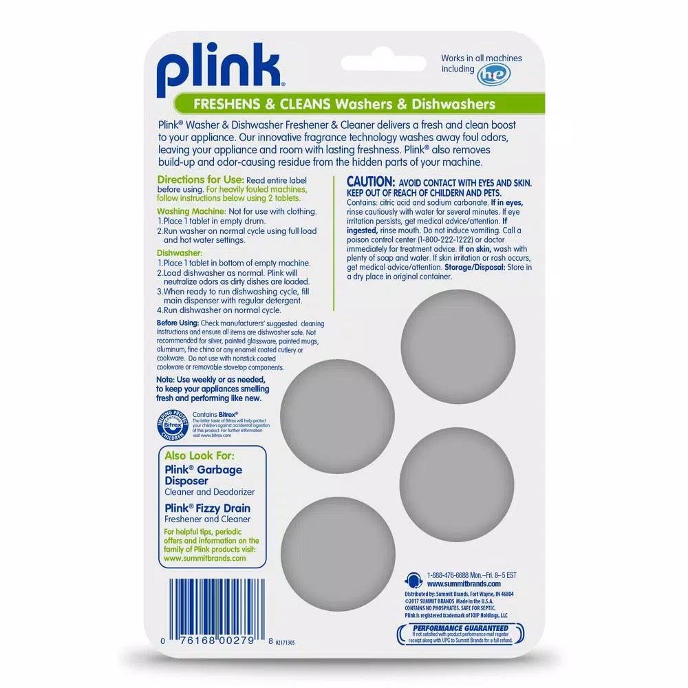 Plink Washer and Dishwasher Freshener and Cleaner Tablets, Lemon, 4-Count