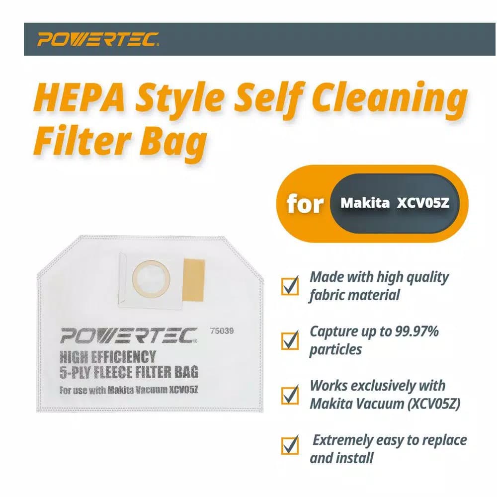 POWERTEC 10-Pack Fleece Filter Bags for Makita XCV05Z Backpack Vacuum Dust Extractor