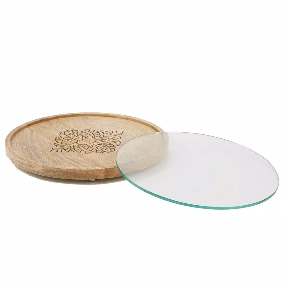Mind Reader Round Bamboo Cheese Platter with Glass Top - Decorative Wooden Serving Tray