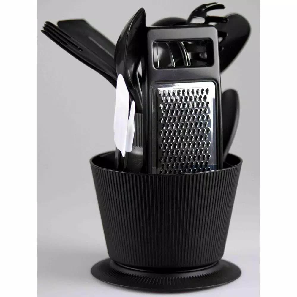Home Basics 14-Piece Kitchen Tool Set with Revolving Storage Crock, Black