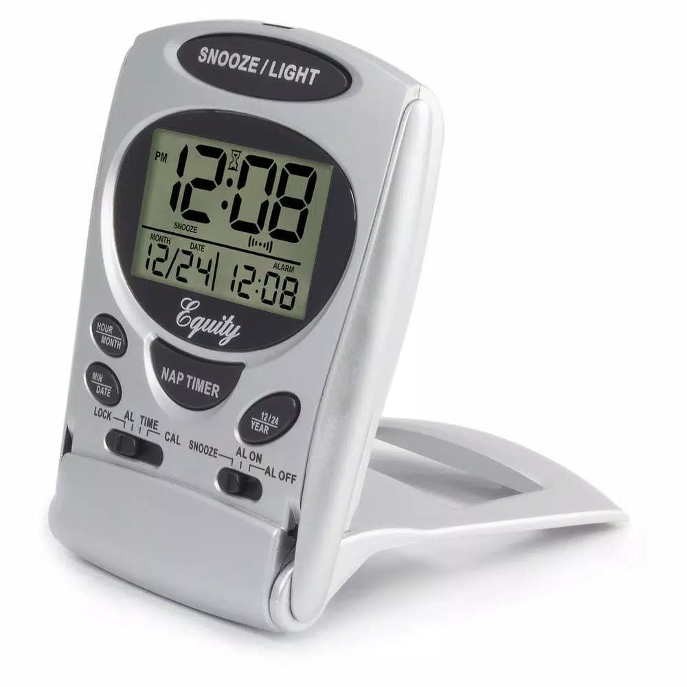Equity by La Crosse Fold-Up Digital 2.70 in. LCD Travel Alarm Clock with Nap Timer and Backlight, Silver