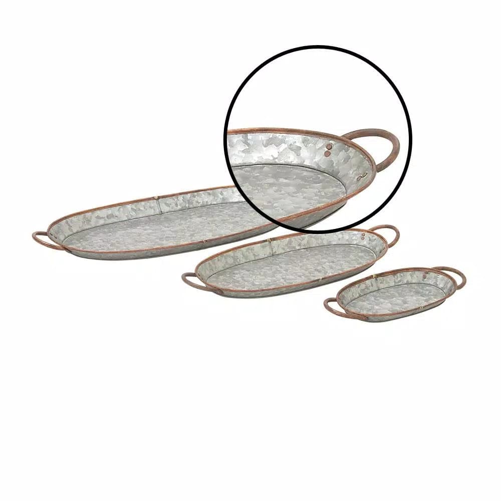 LITTON LANE Farmhouse Hammered Gray Galvanized Iron and Copper Oval Decorative Trays, Set of 3