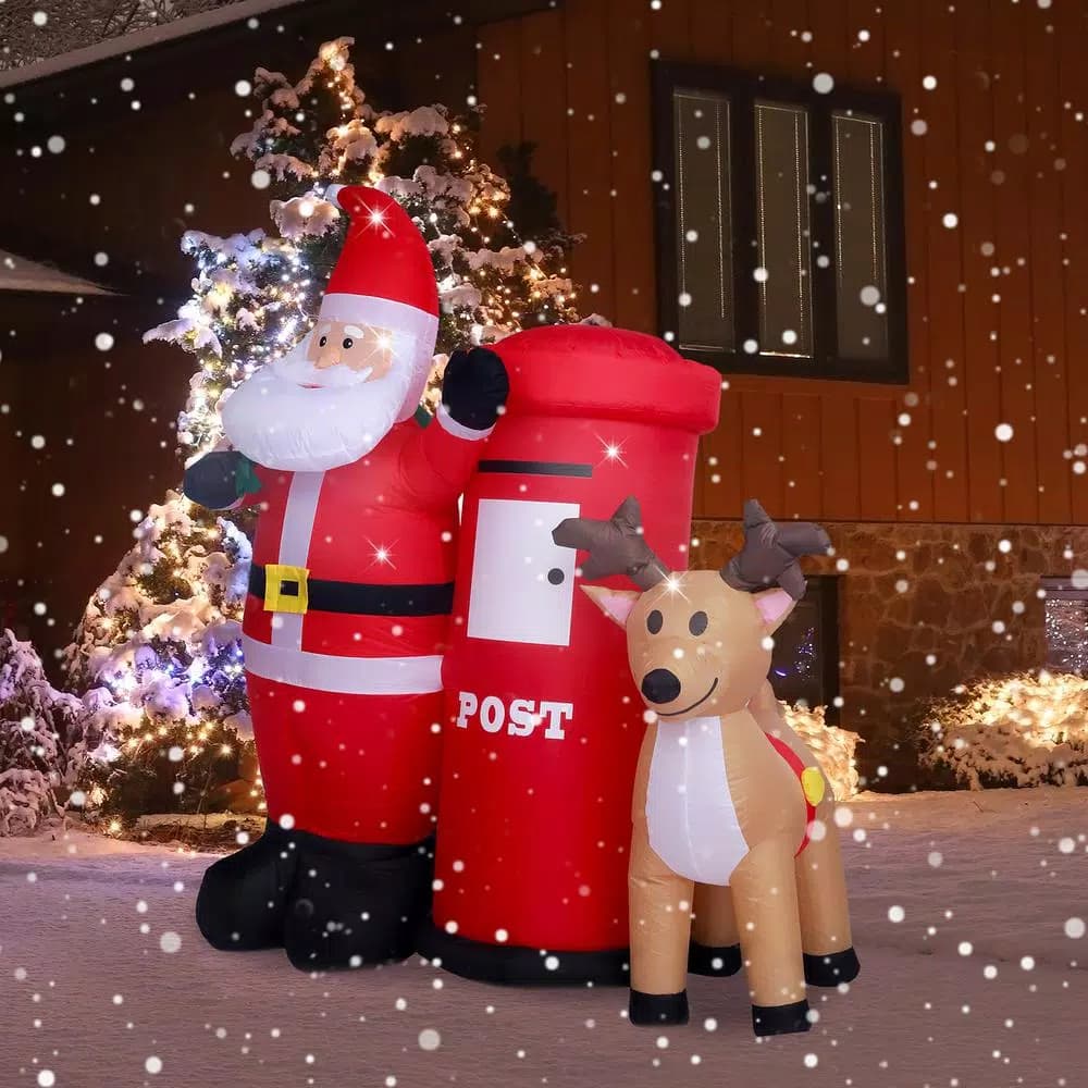 JOYDECOR 6 ft. Santa Claus with Postbox and Reindeer Christmas Inflatable with LED Lights
