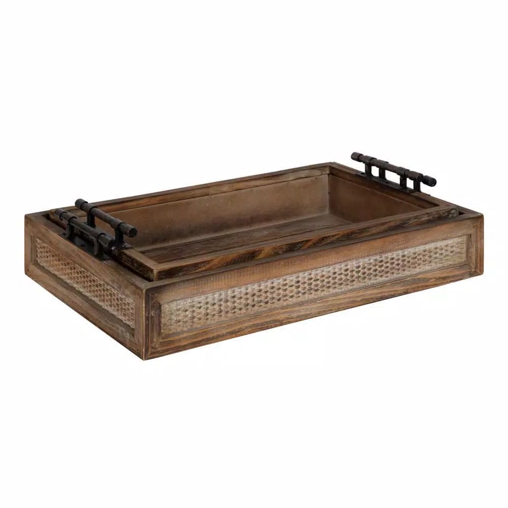 Kate and Laurel Bayport Brown Decorative Nested Wooden Tray Set of 2 - Farmhouse Style