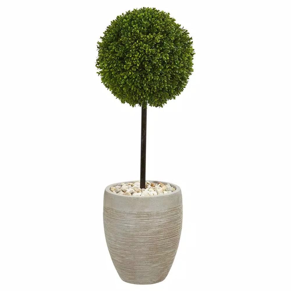Nearly Natural 3 ft. Artificial Boxwood Ball Topiary Tree in Sand Colored Oval Planter