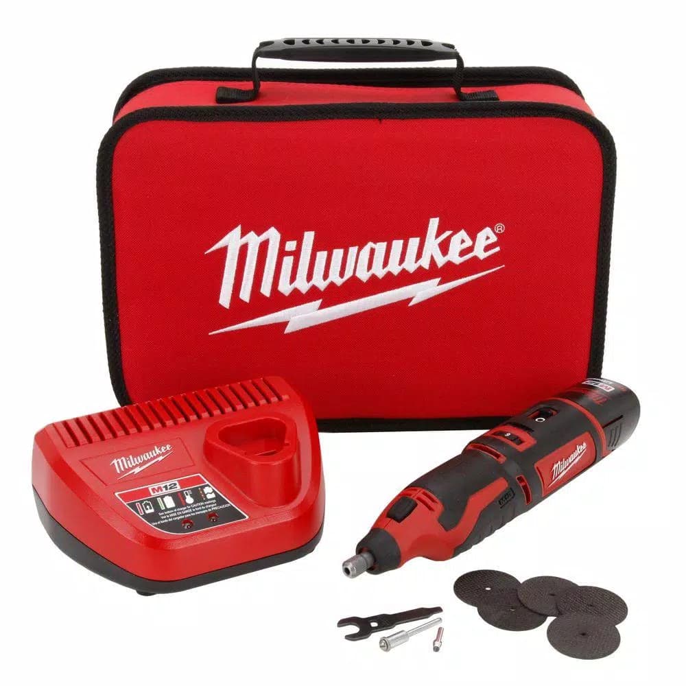 Milwaukee M12 12V Lithium-Ion Cordless Rotary Tool Kit with 1.5Ah Battery, Charger, and Bag