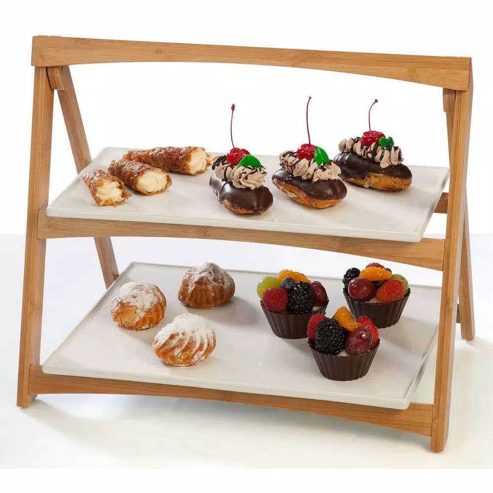 Unbranded CreativeWare TableStyles 2-Tiered Bamboo and Stoneware Folding Ladder Serving Set