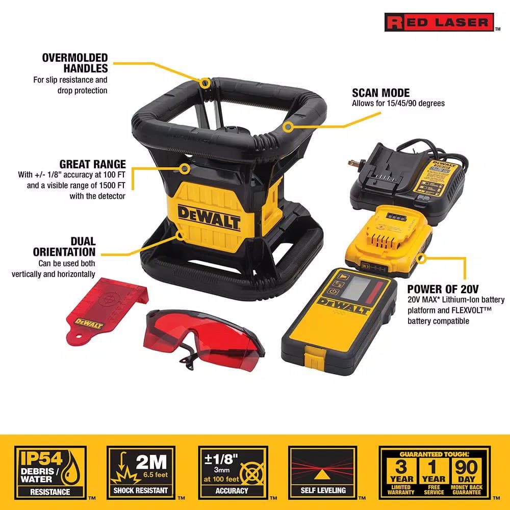 DEWALT 20V MAX Red Self-Leveling Rotary Laser Level Kit with Detector, 2Ah Battery & TSTAK Case