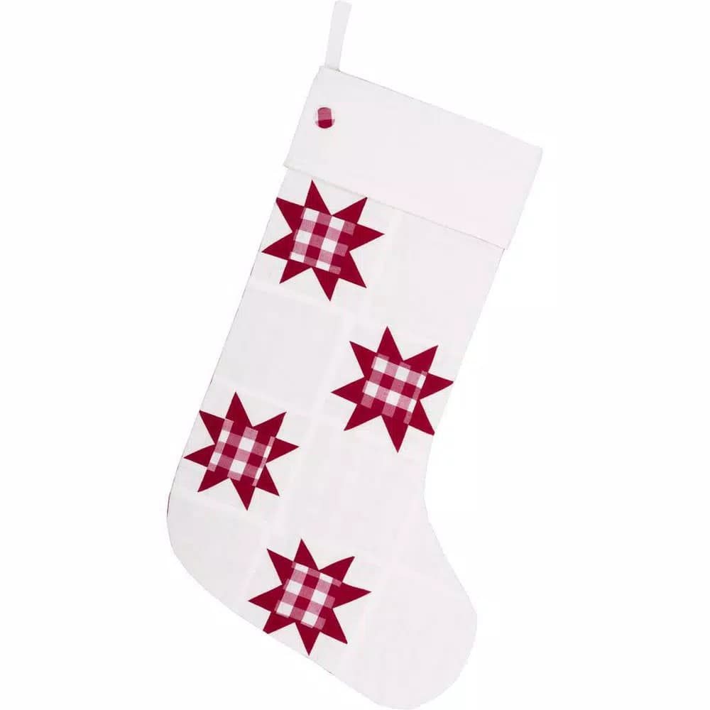 VHC Brands Emmie Farmhouse Christmas Decor 20 in. Red and White Check Cotton Patch Stocking
