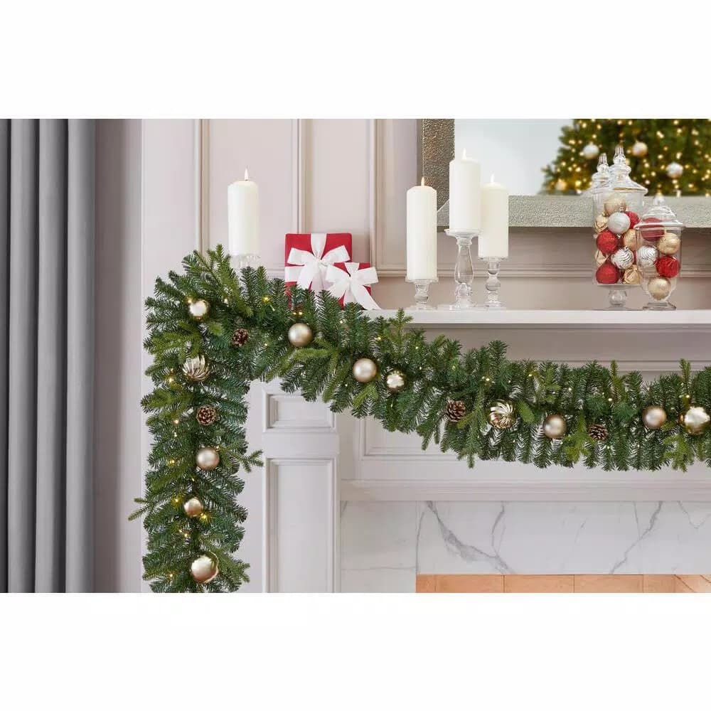 Home Accents Holiday St. Germain 9 ft. Pre-Lit LED Artificial Christmas Garland with Champagne & Gold Ornaments