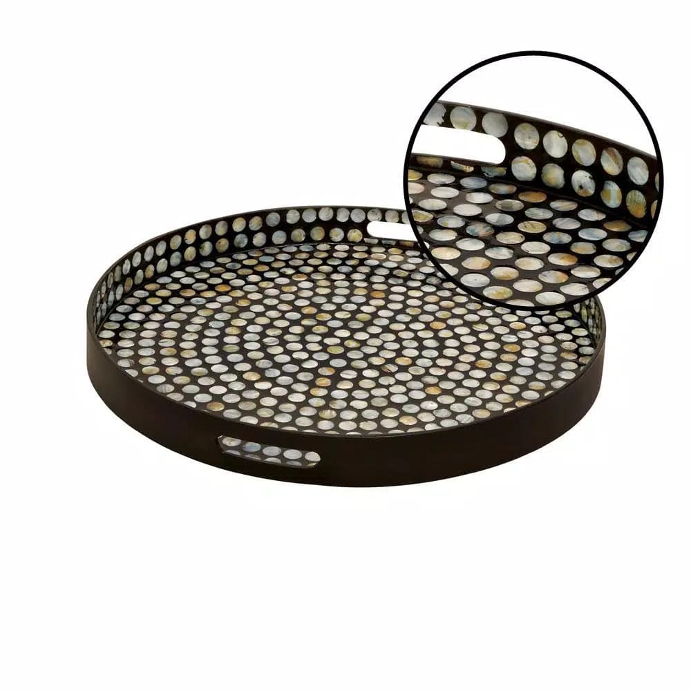LITTON LANE Modern Reflections 24" Round Mother of Pearl Inlaid Decorative Tray, Black Lacquer