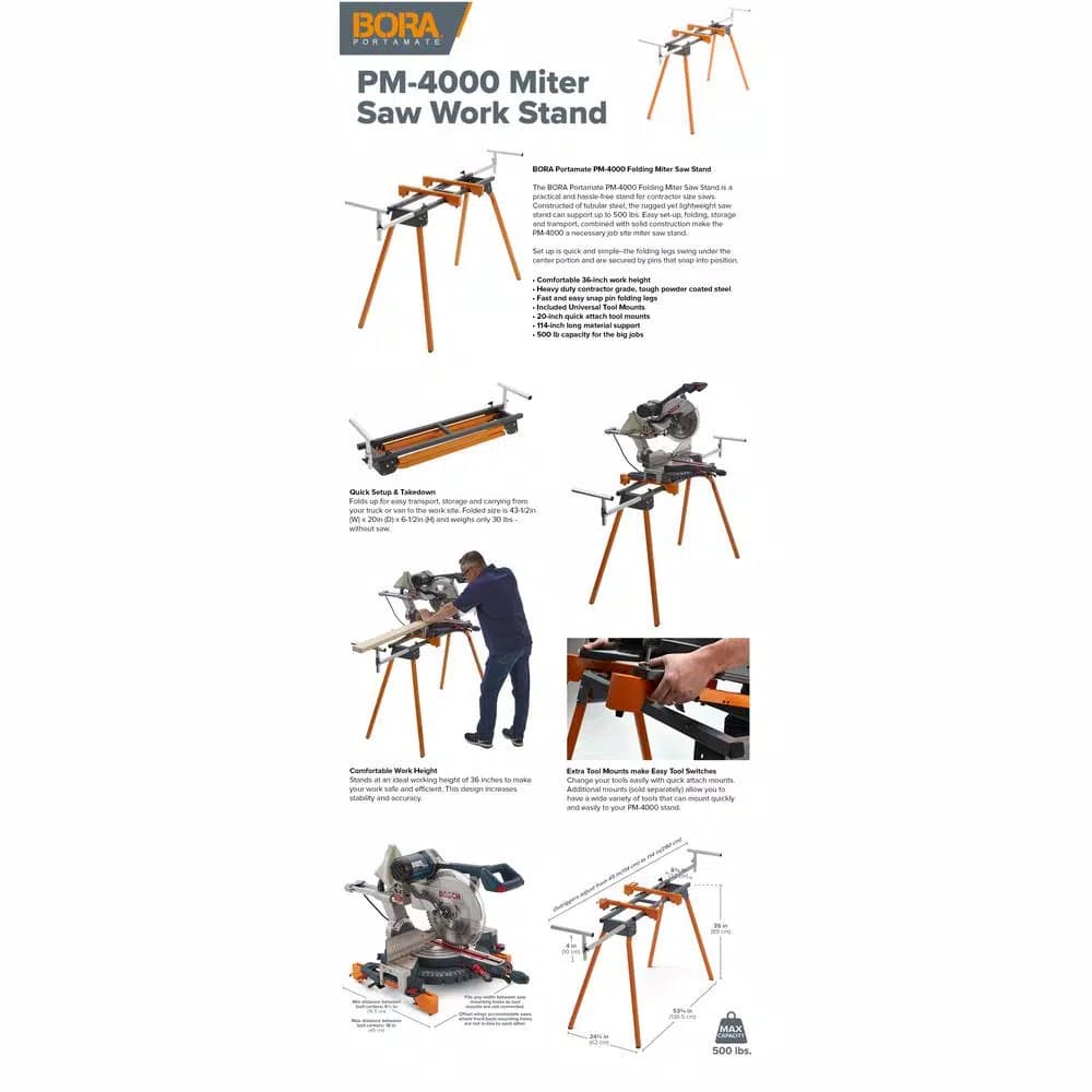 BORA PORTAMATE Folding Portable Miter Saw Stand with Material Supports
