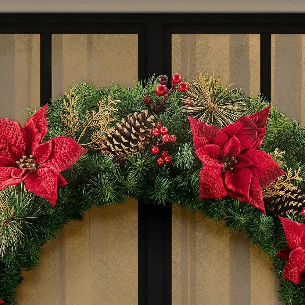 Home Accents Holiday Home Holiday Accents 48 in. Burgundy Poinsettia Mixed Pine Wreath with Berries and Gold Glitter Cedar
